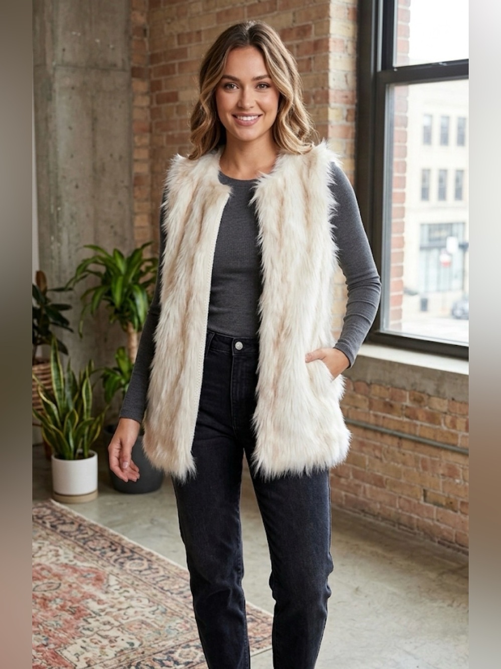 C. Luce Cream Faux Fur Knit-Trim Vest/E127
